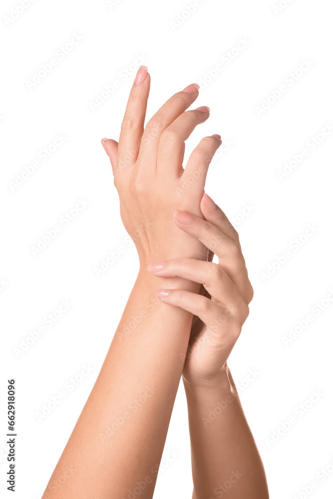 Woman showing hands with nude manicure on white background, closeup Woman showing hands with nude manicure on white background, closeup