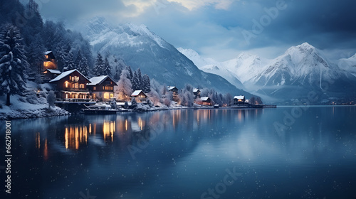 cute little snowy town by the lake - Christmas time 