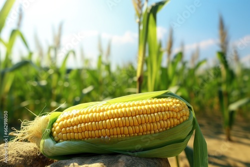 Landscape with corncob and plantation in the background, bokeh background, agriculture concept. Generative AI