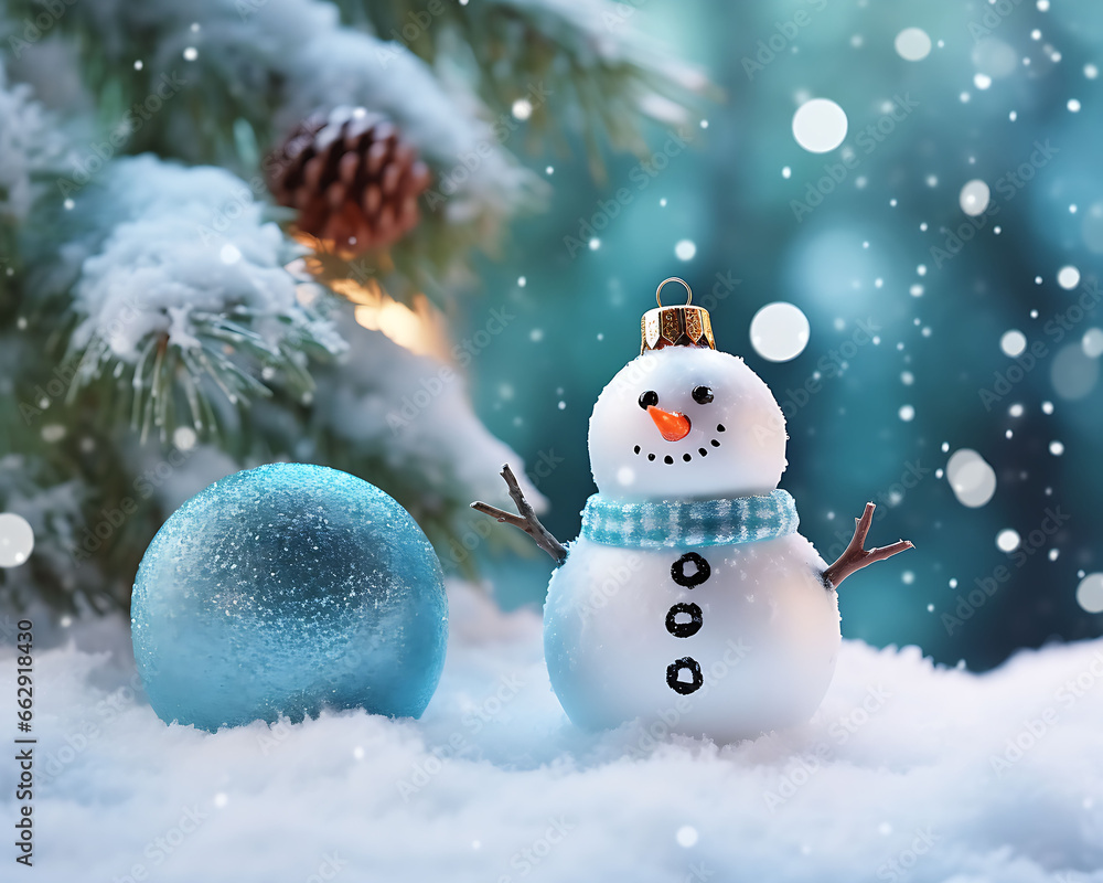 christmas tree decorations snowman background closeup in a snow pine forest wallpaper.