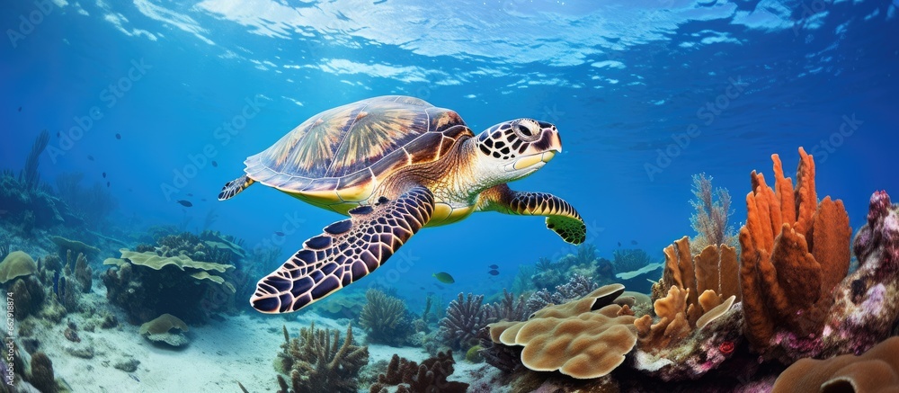 Caribbean scuba diving with Hawksbill turtle over Riviera Maya reef in Mexico With copyspace for text