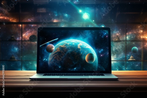 A computer displaying a space-themed image. Generative AI