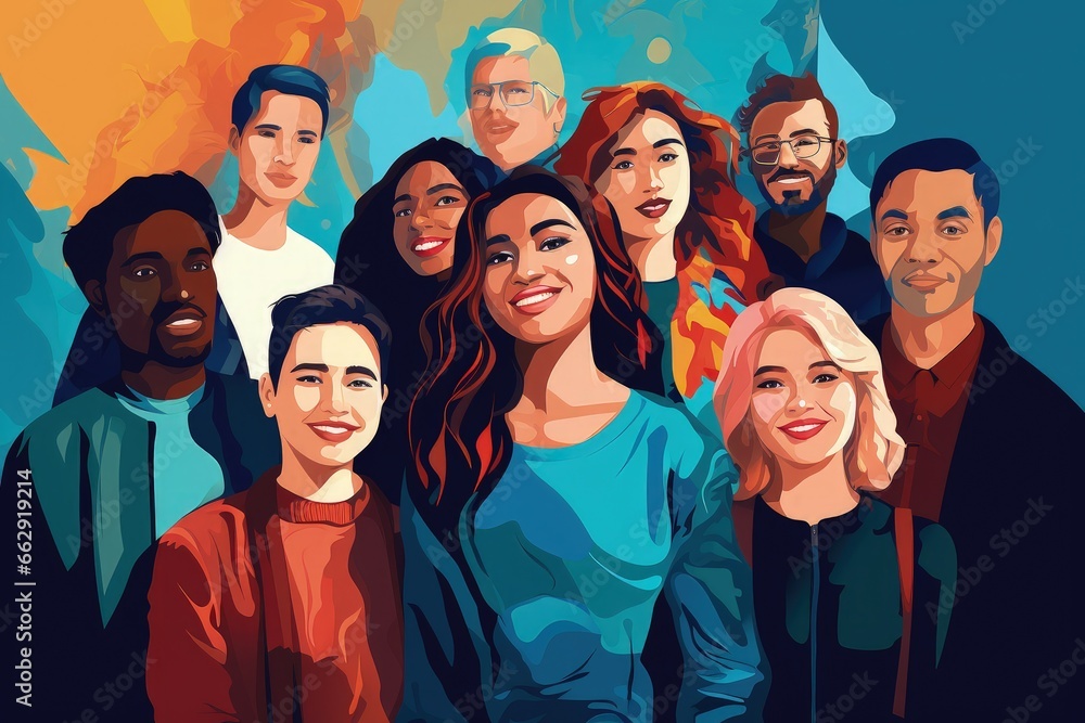 A group of smiling young people of different ethnicities, cultural diversity. Generative AI A group of smiling young people of different ethnicities, cultural diversity. Generative AI