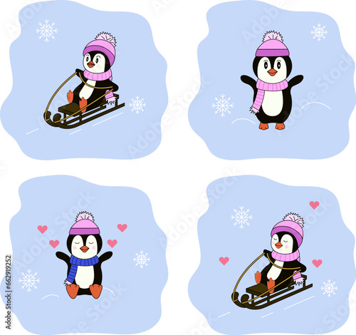 Winter penquins sledging set.  Set of animal illustrations