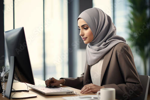 Businesswoman wearing hijab using desktop PC in office, Female professional is working at computer desk, She is wearing traditional clothing
