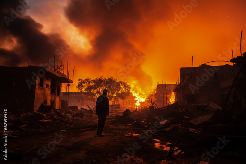 Fiery skies glare over smoldering ruins baring Gazas fiery conflict aftermath  © fotogurmespb