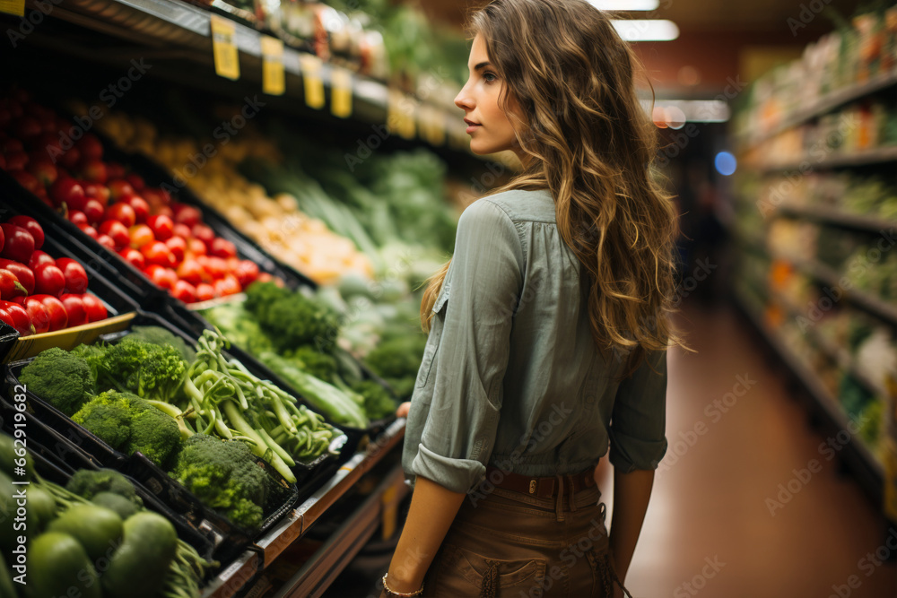 A young woman with flowing brown hair stands amidst the vibrant produce aisle of a grocery store. She's dressed in a muted green blouse and brown skirt, lost in thought as she gazes ahead. 