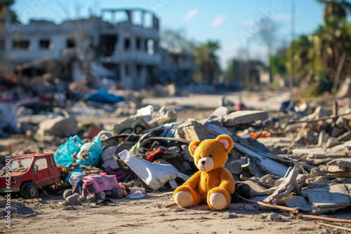 Childrens toys scattered amongst rubble subtle testimonies of Gazas displaced youth  photo