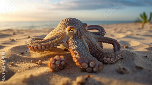 Close-up photo of an octopus on a sandy beach bathed in the soft morning sunlight