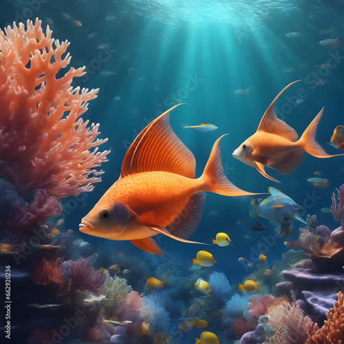 Fische unterwasser im Ozean . Korallenriff im Hintergrund . KI Generated