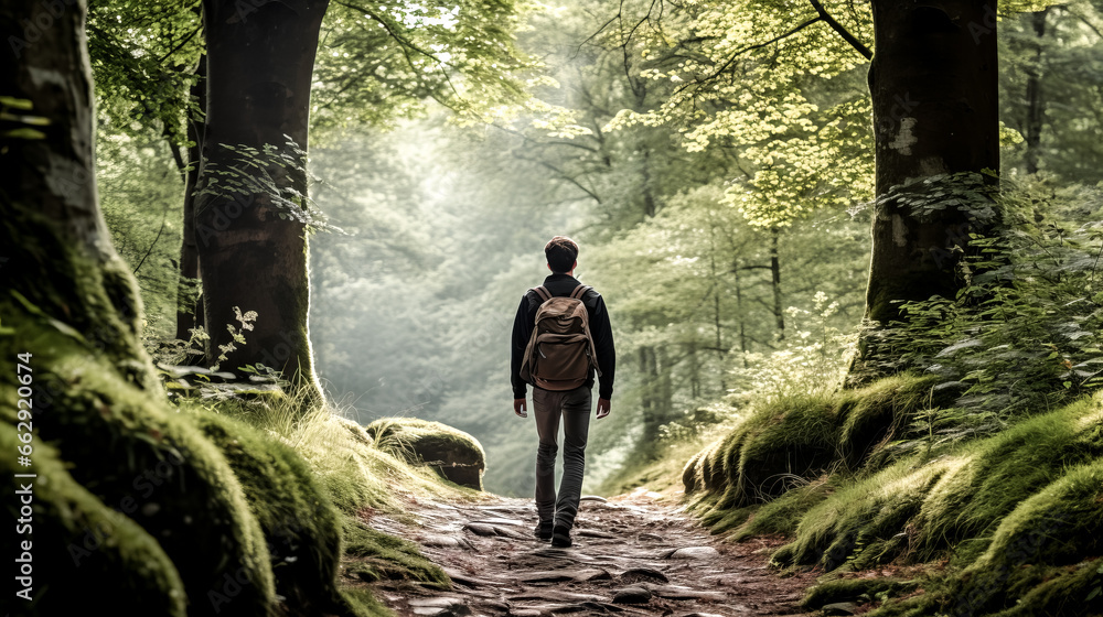 A man walks through nature to reduce anxiety in a serene setting.