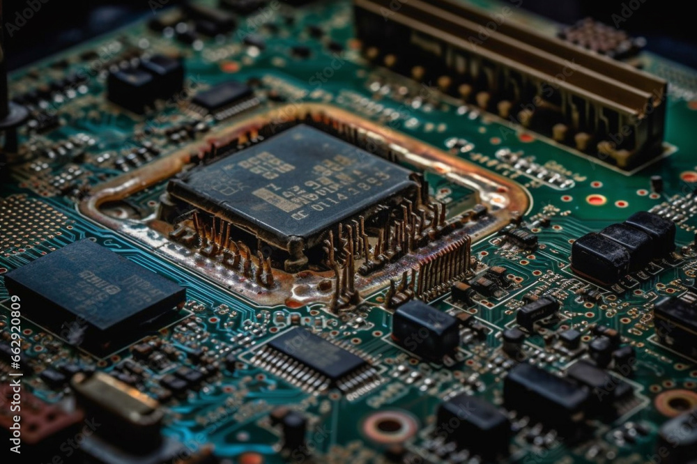Explore the intricate details of a computer motherboard, emphasizing the advanced technology embedded in its microchip. Ai generated Explore the intricate details of a computer motherboard, emphasizing the advanced technology embedded in its microchip. Ai generated