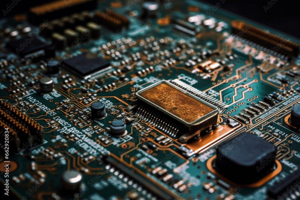 Explore the intricate details of a computer motherboard, emphasizing the advanced technology embedded in its microchip. Ai generated Explore the intricate details of a computer motherboard, emphasizing the advanced technology embedded in its microchip. Ai generated