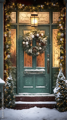 Festive Christmas natural home porch decoration with pine wreaths and garlands, vertical format