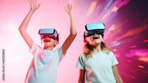 Tweeners of Generation Alpha joyfully interacting with virtual reality goggles.