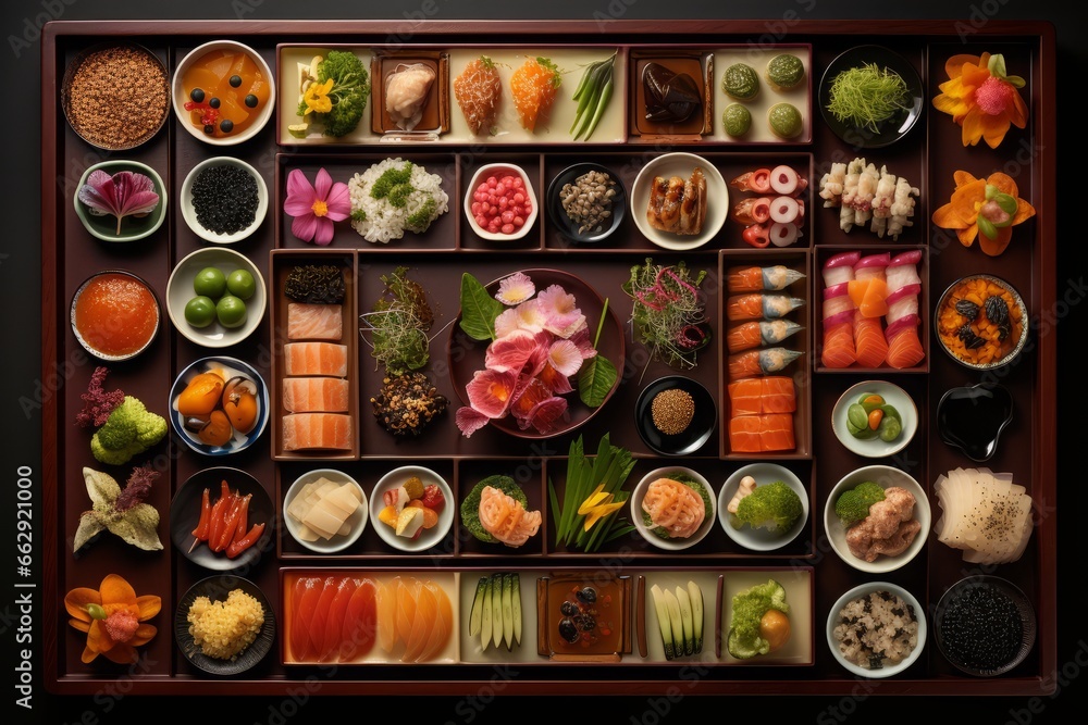 a top view flat lay of japanese sushi assortment and ingredients, knolling of professional asian cuisine. Black background