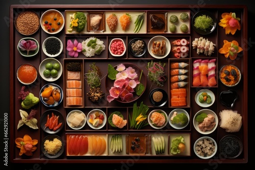 a top view flat lay of japanese sushi assortment and ingredients  knolling of professional asian cuisine. Black background