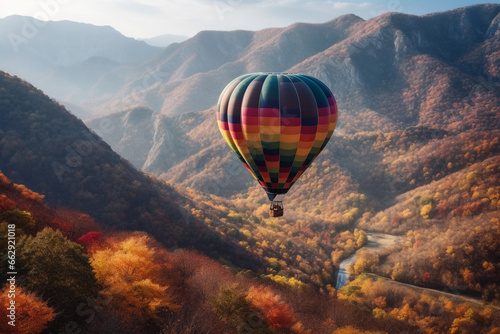 Experience the breathtaking sight of a vibrant hot air balloon soaring gracefully against the majestic backdrop of mountain landscapes. Ai generated