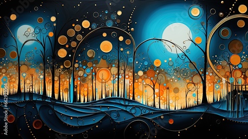 AI-generated illustration of winter afterglow in a land embellished with circles and dots. MidJourney.