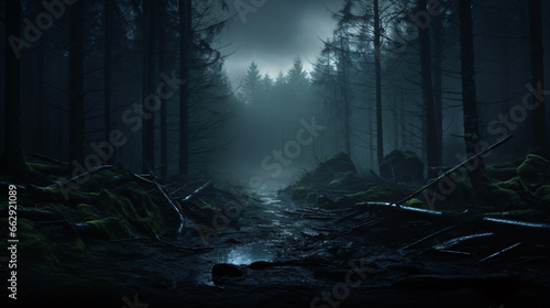 An enigmatic, murky, forestscape with a moody and secretive aura, imbued by a misty atmosphere and dramatic lighting.