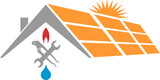 Haus, Solar, Werkzeuge, Wassertropfen und Flamme, Klempner, Handwerker, Umwelt und Energie Logo