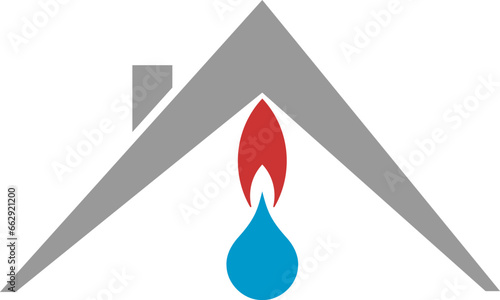 Haus, Wassertropfen und Flamme, Hausmeister und Klempner Logo