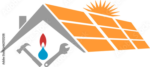 Haus, Solar, Werkzeuge, Wassertropfen und Flamme, Umwelt und Energie Logo