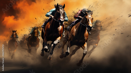 Dynamic Equine Showcase: A High-Energy Display of a Group of Racing Horses in Full Force, Galloping with Intensity on the Track © Infinite Shoreline