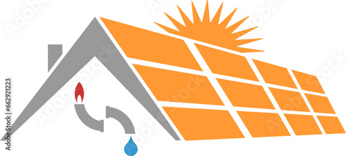 Haus, Solar, Wassertropfen und Flamme, Handwerker, Umwelt und Energie Logo