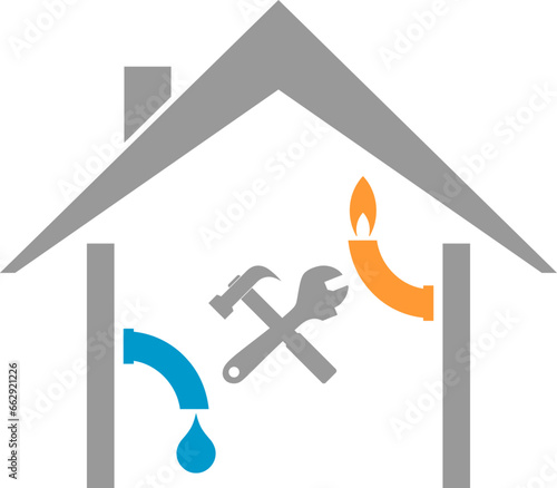 Haus, Solar, Werkzeuge, Wassertropfen und Flamme, Hausmeister und Klempner Logo