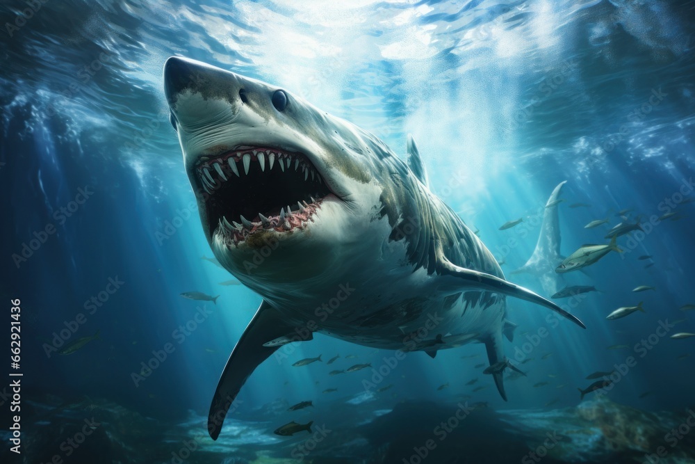 Obraz premium Fearless Big shark underwater sunny. Scuba predator. Generate Ai