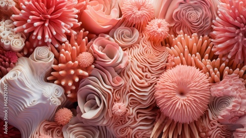 macro photo of a whimsical coral reef  a bright pink underwater world with magical living creatures