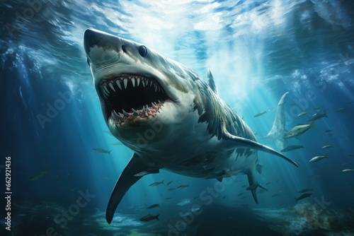 Fearless Big shark underwater sunny. Scuba predator. Generate Ai © juliars