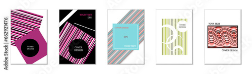 Geometric cover design, set of 5 covers. Abstract unusual background in Memphis style. Bright geometric shapes in random order