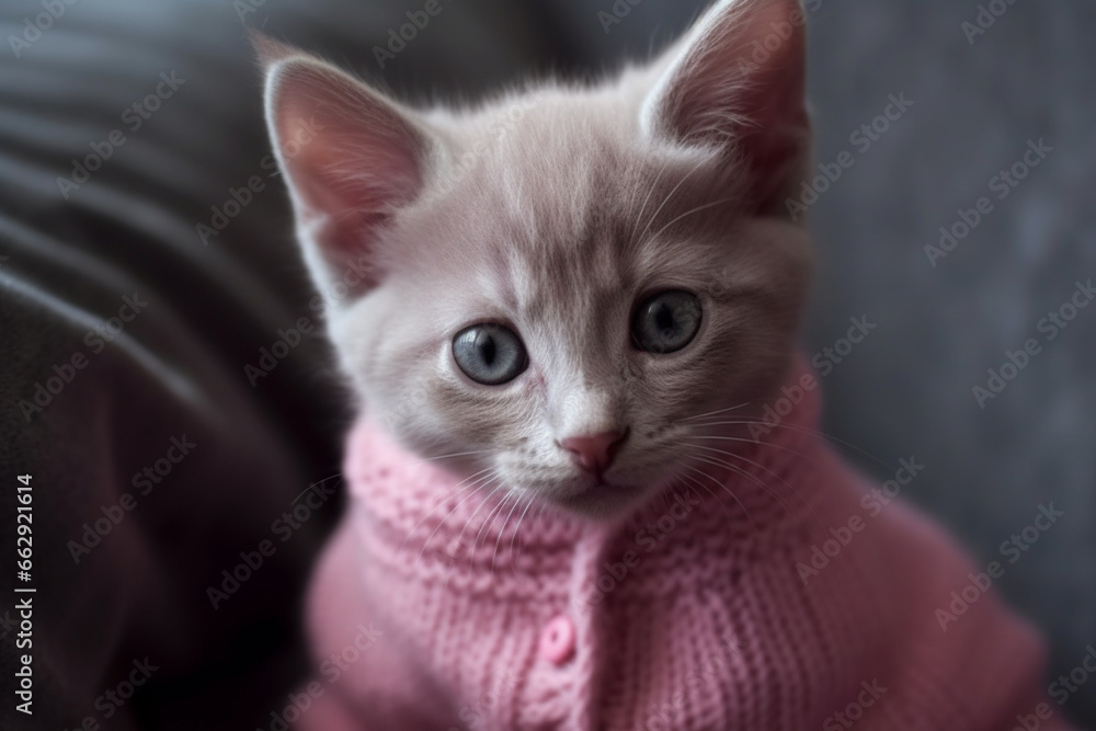 Admire the cuteness of a studio portrait featuring a delightful kitty or kitten dressed in an pink sweater, capturing pure feline charm. Ai generated