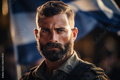 Israeli soldier, portrait. A courageous face, a concentrated gaze against the blurred background of the Israeli flag. Close up. Generative AI