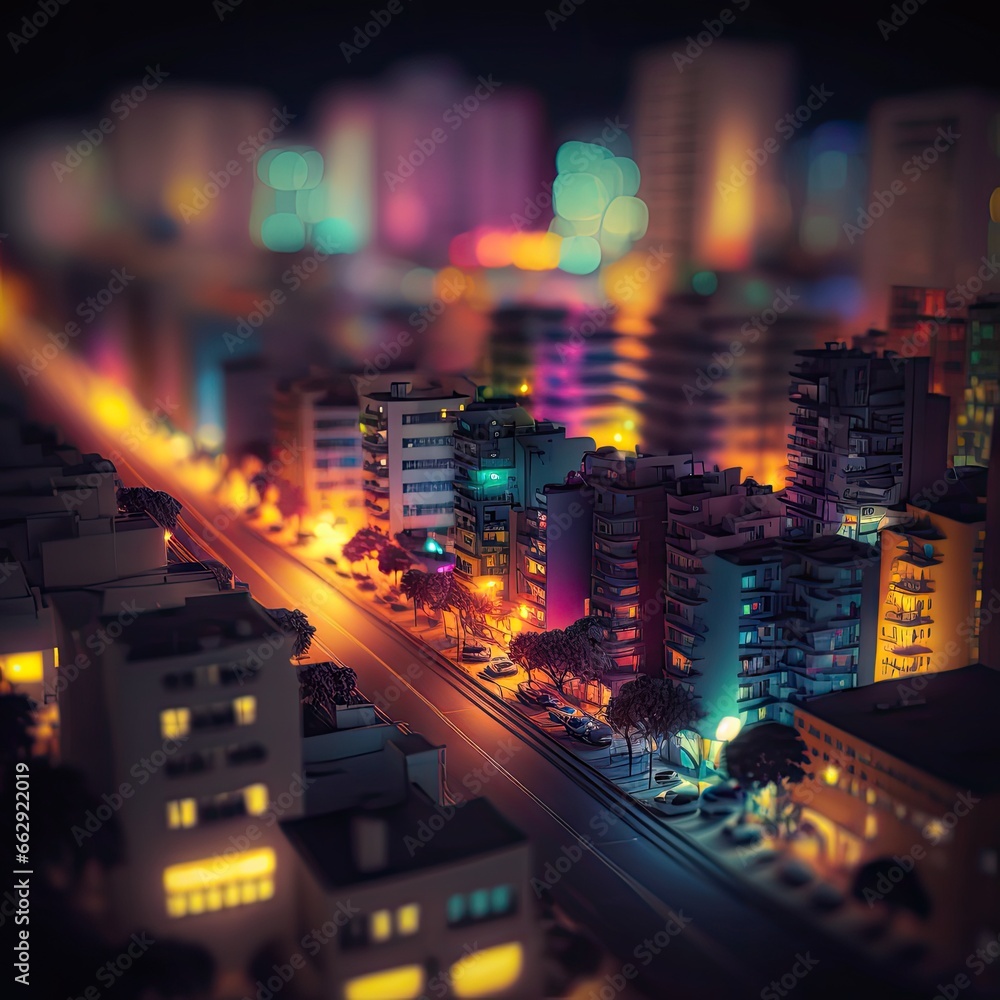 Night city street with lights AI generative illustration