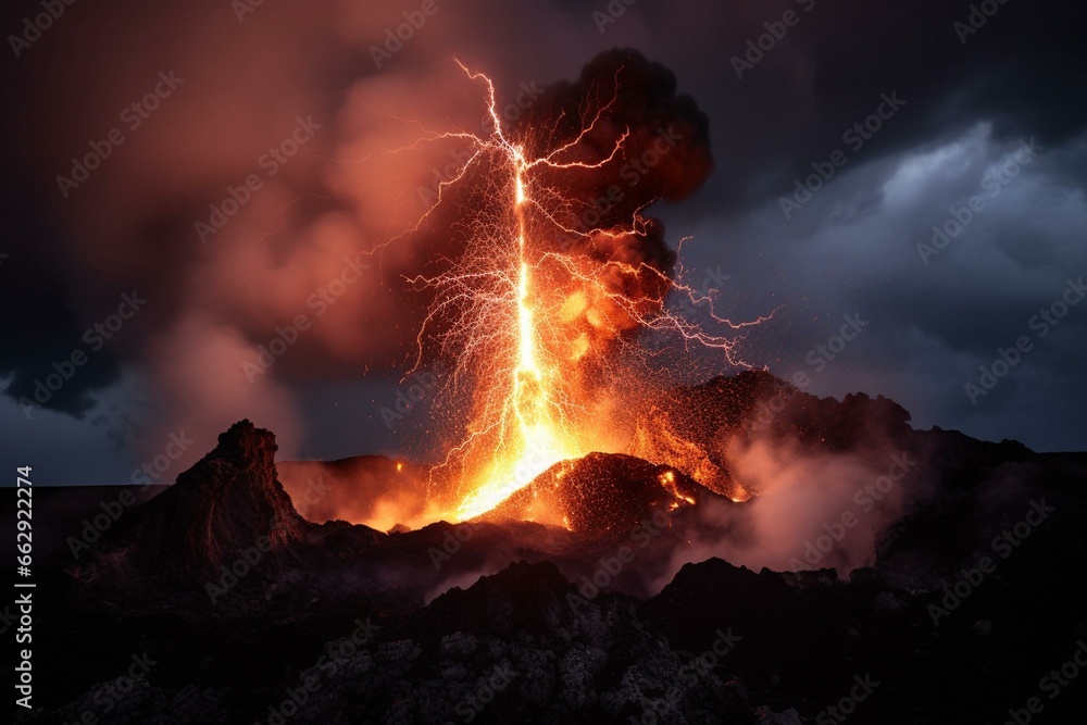 intense volcanic explosion with electric discharges. Generative AI