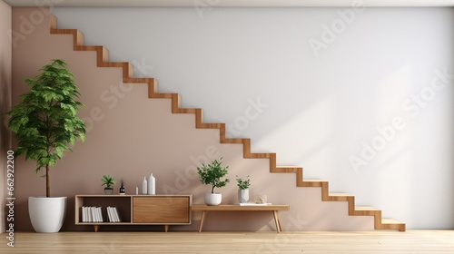A 3D render of a wooden stairway in a passageway interior.