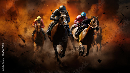 Dynamic Equine Showcase: A High-Energy Display of a Group of Racing Horses in Full Force, Galloping with Intensity on the Track