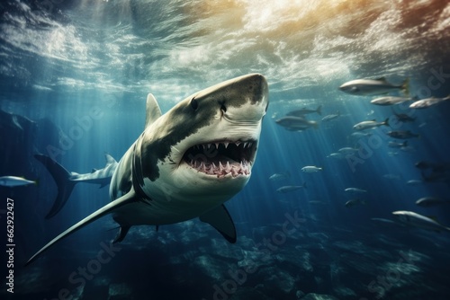 Formidable Big shark underwater sunny. Scuba predator. Generate Ai