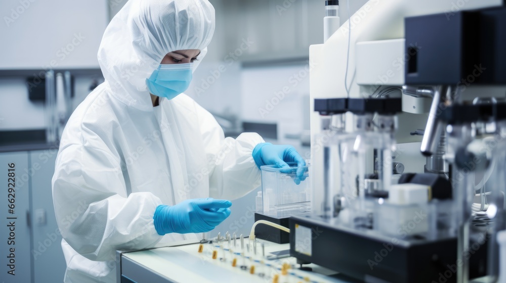 Close up laboratory worker in protective gawn and mask operating laboratory equipment on dangerous pandemic times safety first concept Close up laboratory worker in protective gawn and mask operating laboratory equipment on dangerous pandemic times safety first concept
