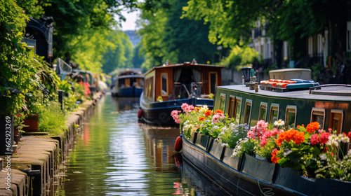 Print op canvas A delightful sight awaits as you stroll along the canal banks – rows of houseboats and narrow boats