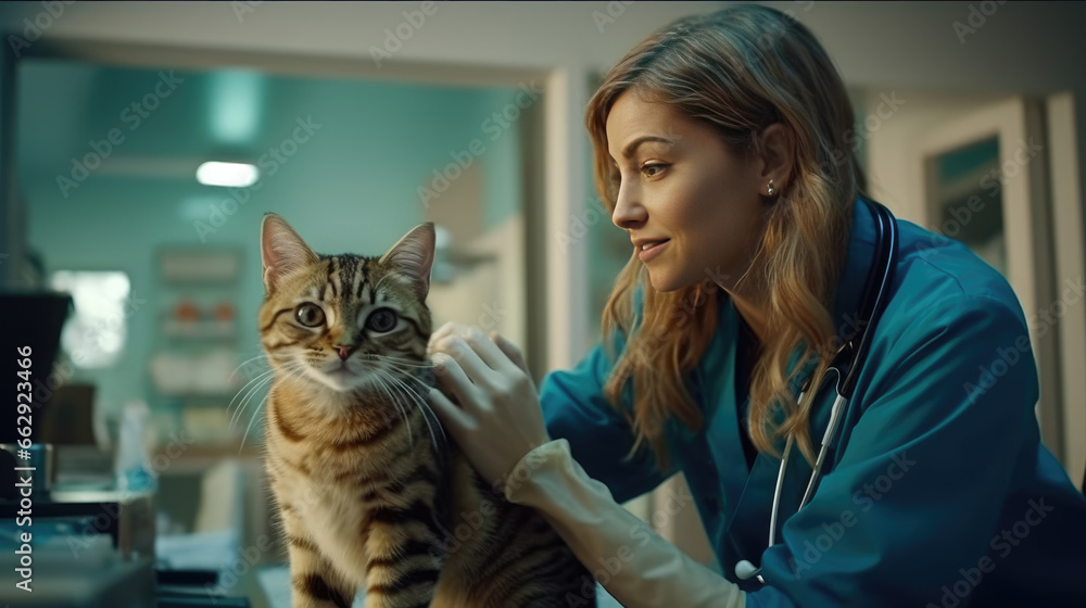 A veterinarian attentively examines a cute and content cat A veterinarian attentively examines a cute and content cat