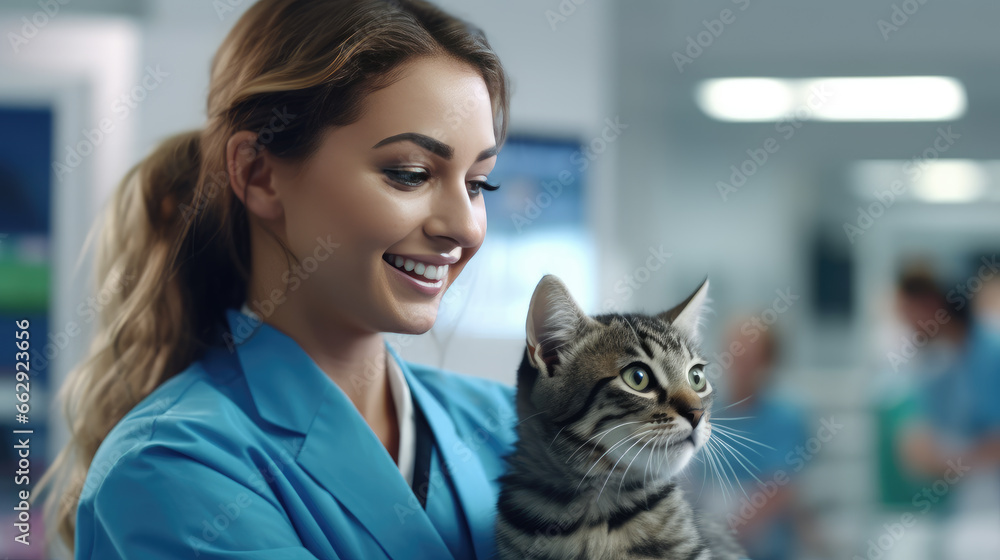 A veterinarian attentively examines a cute and content cat A veterinarian attentively examines a cute and content cat