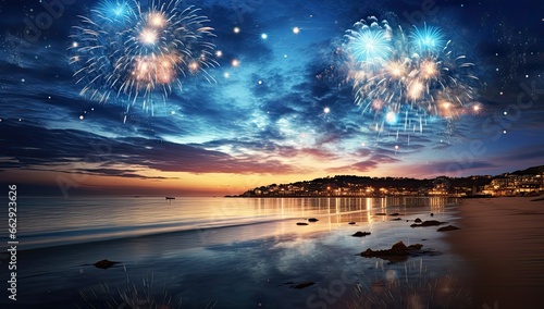 Fireworks over beach blue night sky photo