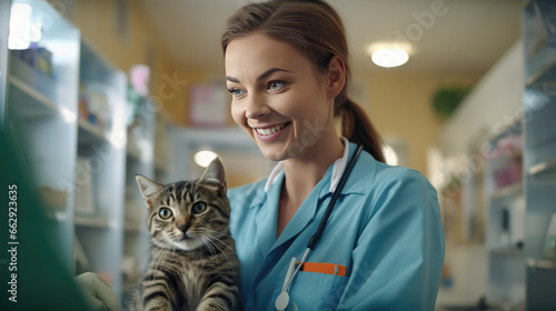 A veterinarian attentively examines a cute and content cat