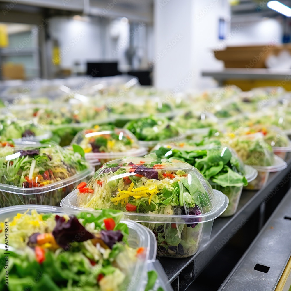 Close up of salad packages made in production