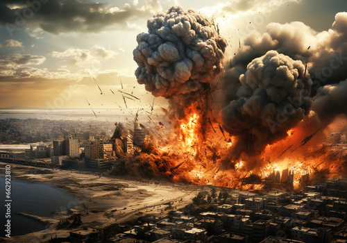 Fictional image of destruction in a war. Appeal for peace between Israel and the Palestinian people. AI generated