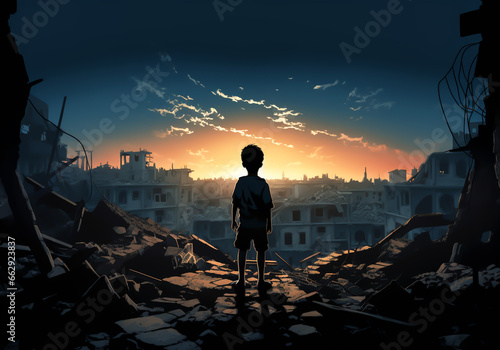 Fictional image of child observing the destruction. Appeal for peace between Israel and the Palestinian people. AI generated